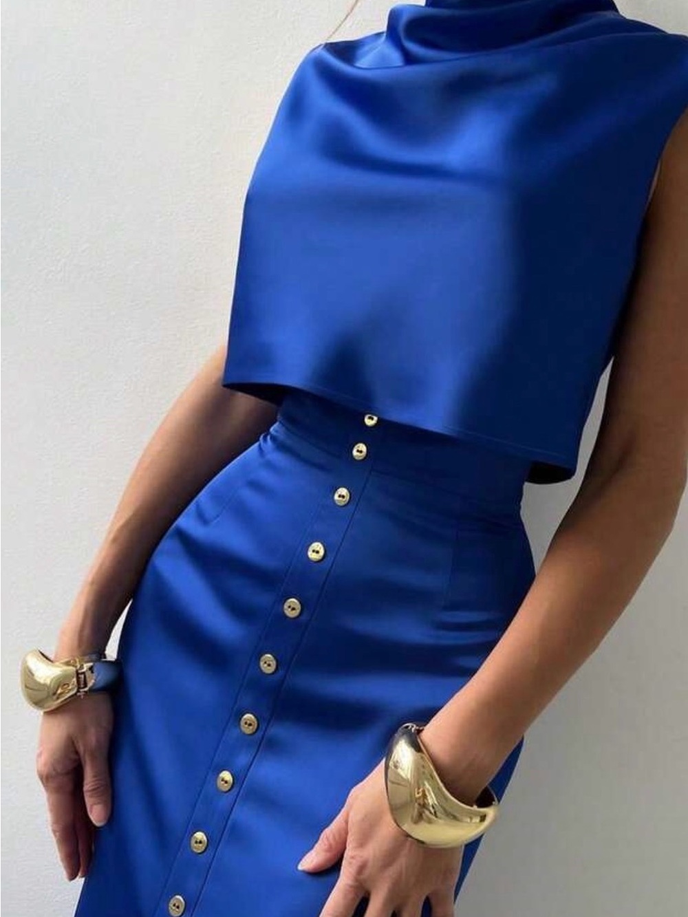 Blue High-Waist Button-Front Pencil Skirt